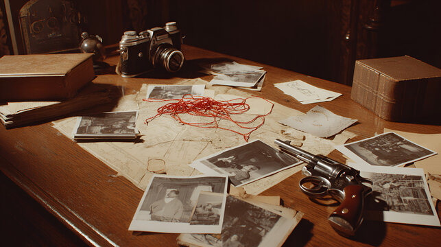Detective Desk with Evidence Photos Red String and Revolver