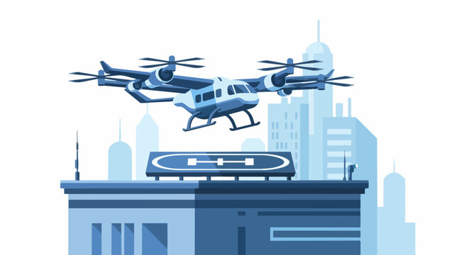 Futuristic eVTOL Air Taxi Landing on City Skyscraper Rooftop, Urban Air Mobility Concept, Flat Vector Illustration of Autonomous Passenger Drone in Smart City Environment