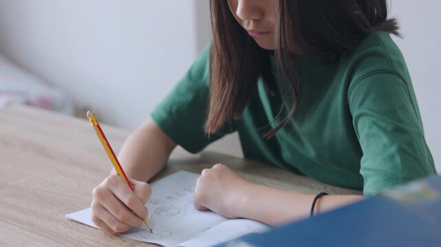 Selective focus portrait of an Asian kid improving her writing skills. The young student is focused on her textbook assignment, representing homeschooling, diligent study, and modern education.