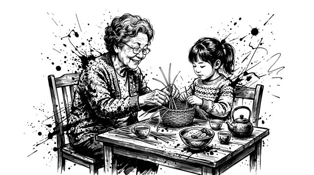 Grandmother and young girl sharing a craft activity at a wooden table
