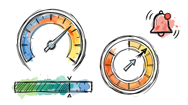 Collection of four colorful gauges and meters with detailed dials