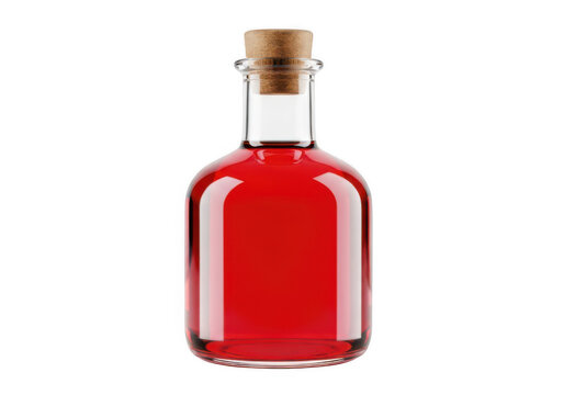 Small glass bottle filled with red liquid and a cork stopper isolated transparent png.