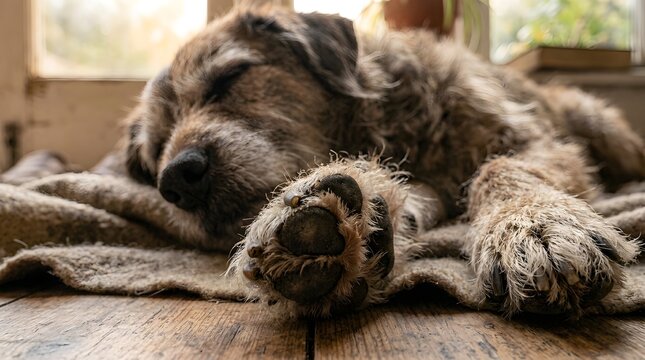 Dog sleeps peacefully on blanket indoors by window with paws exposed on wooden floor.