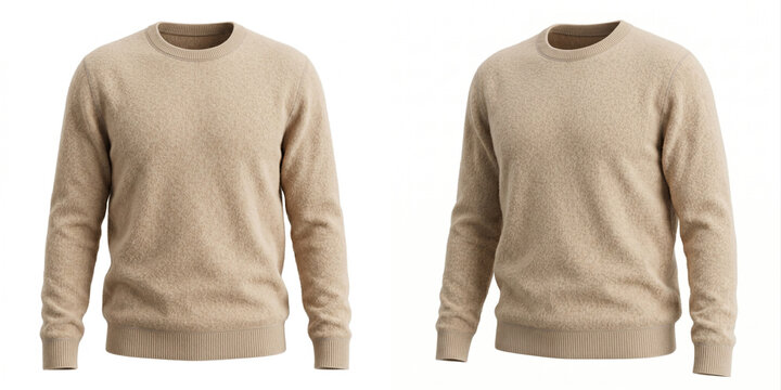 Beige knitted men's sweater with round neck and long sleeves. Two camera angles: a straight front view and 3/4. Casual warm clothes made of soft yarn, insulated on a white background.