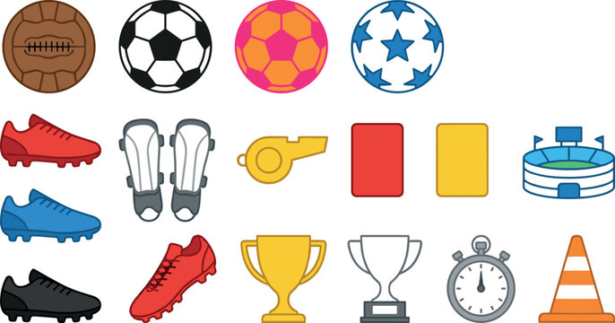 Soccer and Football Vector Icon Set with Balls, Cleats, Shinguards, Whistle, Red and Yellow Cards, Stadium, Trophy, Stopwatch, and Cone for Sports and Game Designs