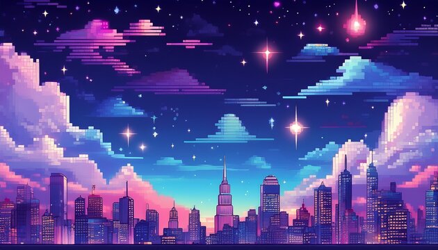 pixel art cityscape shining under night sky with clouds and stars