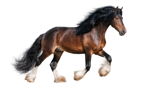 Dark bay Clydesdale horse with flowing mane and socks in motion