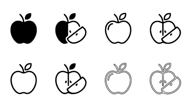 Apple fruit icons set in different styles, whole and sliced apple line art, healthy food symbols.