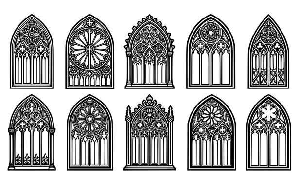 Gothic stone window silhouette set, architectural cathedral elements, medieval church window art.