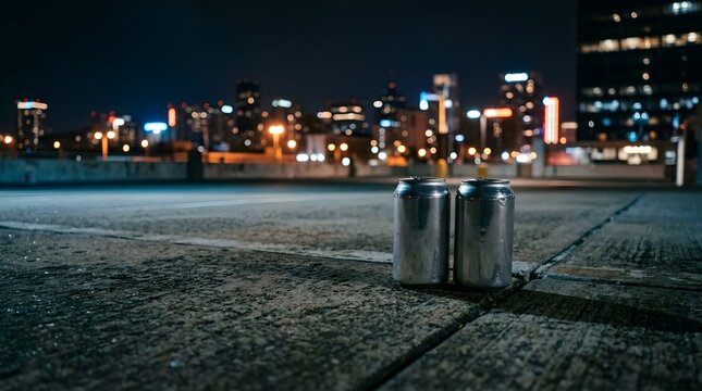 Two metal trash bins on sidewalk at nighttime with city skyline in background