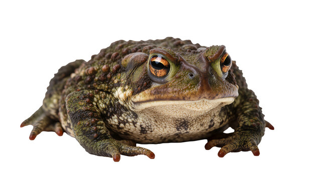Green mottled European toad facing forward with wide eyes and stubby legs