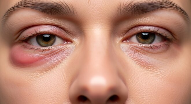 Extreme close up of human face displaying significant swelling and redness on the lower eyelid area
