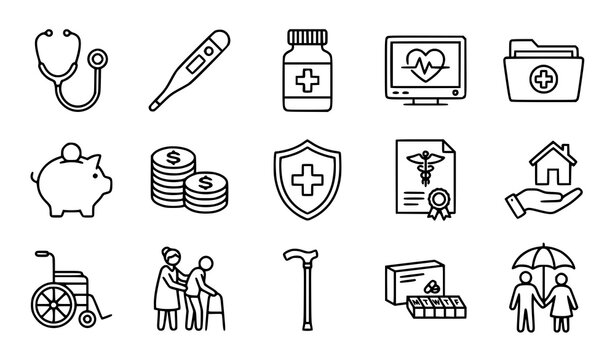 Elder care and healthcare insurance line icons, medical support for seniors, wellness symbols.