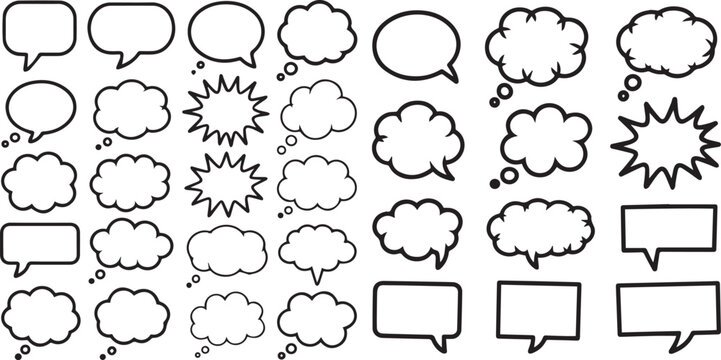 Vector set of black speech bubbles and thought clouds with different shapes including rectangular oval and comic style bursts for dialogue designs.