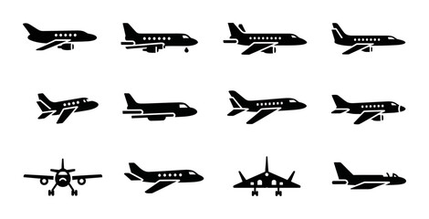 Airplane silhouette icons set, modern jet aircraft and propeller plane, travel and aviation © Nahid