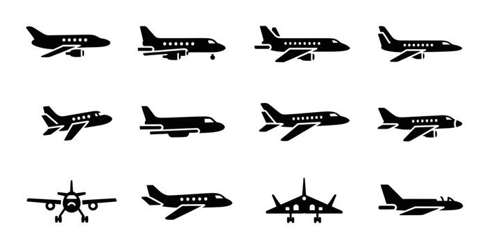 Airplane silhouette icons set, modern jet aircraft and propeller plane, travel and aviation