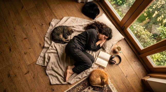 Woman sleeps peacefully with cat on wooden floor by window in cozy room