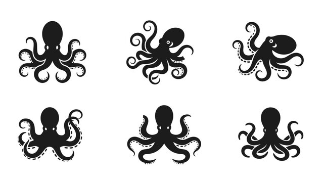 Six octopus silhouette icons, marine life set, solid black style, underwater creatures
