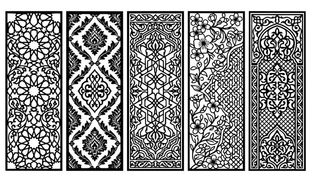 Decorative vertical mandala borders set, floral laser cut pattern vector illustrations.