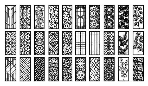 Collection of decorative laser cut screen patterns, floral and geometric divider designs.