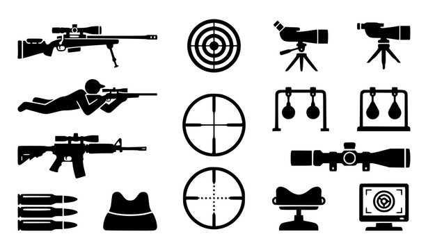 Sniper rifles and optical scopes silhouettes set, military marksman equipment icons.