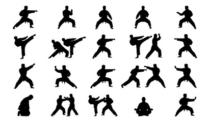 Obraz premium Martial arts karate silhouettes set, fighter training poses and combat sports icons.