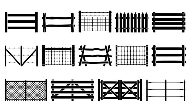 Various wooden fence and gate silhouettes, garden boundaries, farm and ranch fence set.