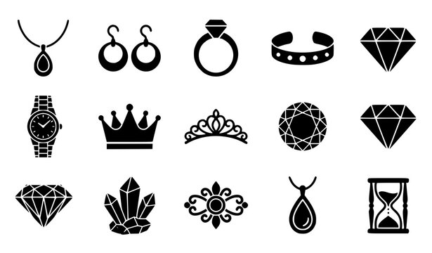 Luxury jewelry and diamond icons set, elegant necklace, ring, and crown silhouettes.