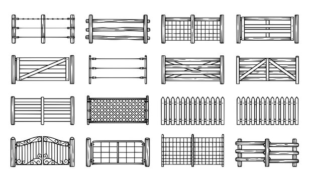 Collection of wooden fence designs, garden gate outlines, rural architecture line art.