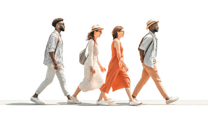 Naklejka premium Group of friends walking together in the street in summer isolated on white and white background background