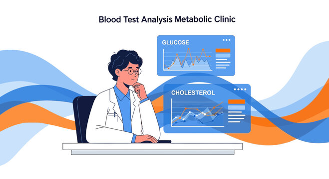 Doctor Analyzing Blood Test Results for Glucose and Cholesterol in Metabolic Clinic