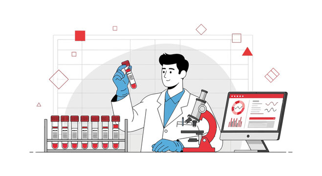 Scientist analyzing blood sample in modern laboratory with microscope and computer data