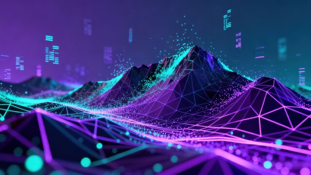 Digital neon mountain landscape with data visualization