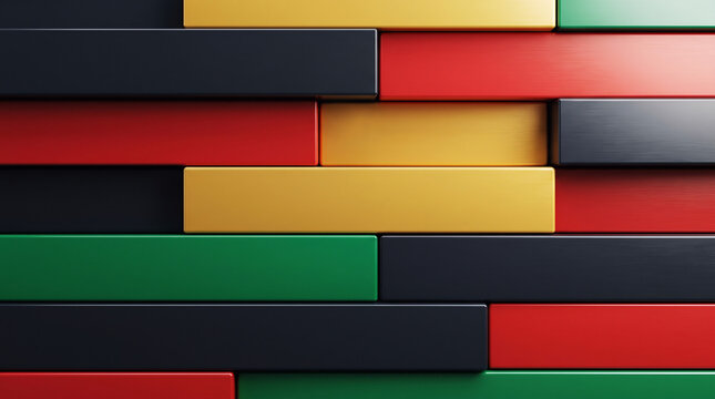 Modern abstract geometric shapes in African colors featuring red, black, yellow and green layered rectangles inspired by Juneteenth and Black History Month artwork