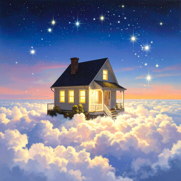 Cozy house floating above clouds