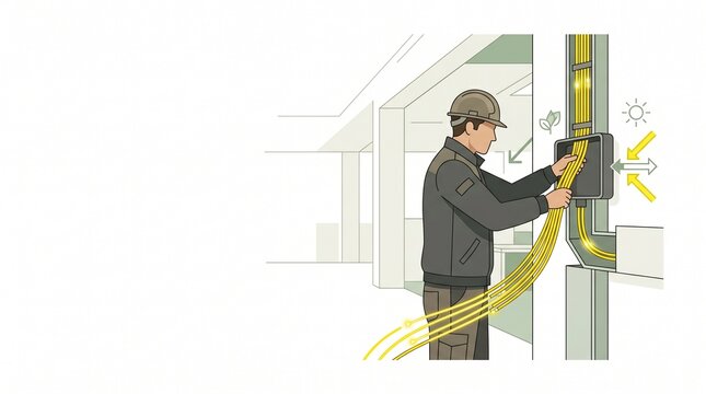 Flat vector illustration of a technician installing glowing fiber optic cables into a distribution box for high speed internet infrastructure with copy space