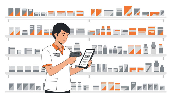 Pharmacist Scans Medicine Inventory with Barcode Scanner and Tablet in Pharmacy