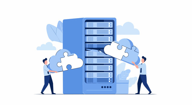 Cloud Computing Integration and Data Center Management Vector Illustration with IT Professionals