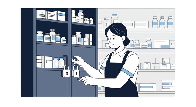 Pharmacist Securing Medicine Cabinet with Padlocks, Healthcare Inventory Management