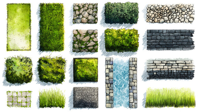 Landscape Architecture CAD Hatch Pattern Set Grass Water Stone Wall Texture Elements Collection Stock Vector