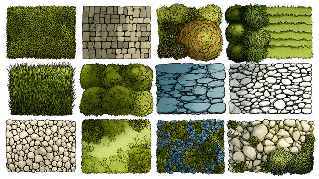 Landscape Architecture CAD Hatch Pattern Set Grass Water Stone Wall Texture Elements Collection Stock Vector