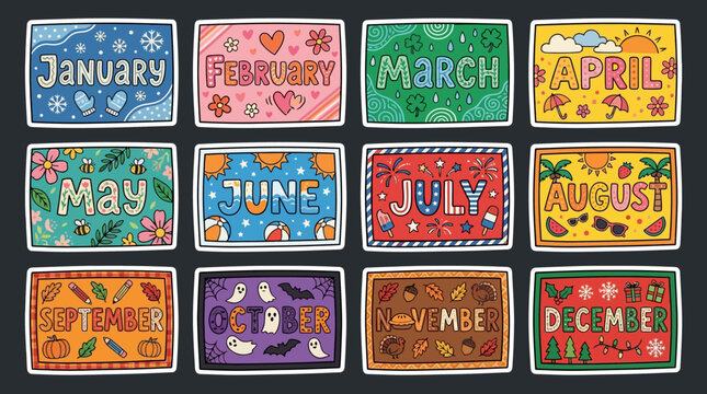 a playful hand-drawn calendar months themed vector illustration on a dark background