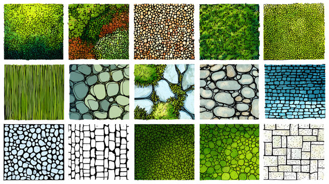 Landscape Architecture CAD Hatch Pattern Set Grass Water Stone Wall Texture Elements Collection Stock Vector