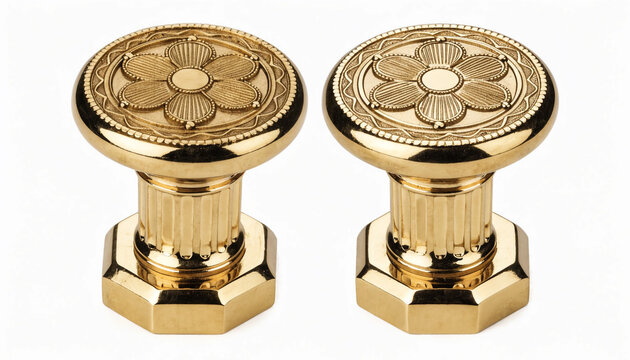 Pair of ornate golden door knobs with intricate floral engravings on white background
