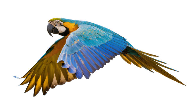 Blue yellow macaw parrot in flight with extended wings
