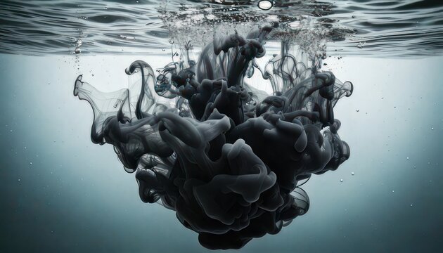 Black ink swirling in water creates abstract cloud formation.