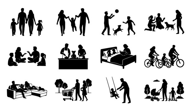 Family outdoor activity silhouettes, parents and children playing and cycling concept.