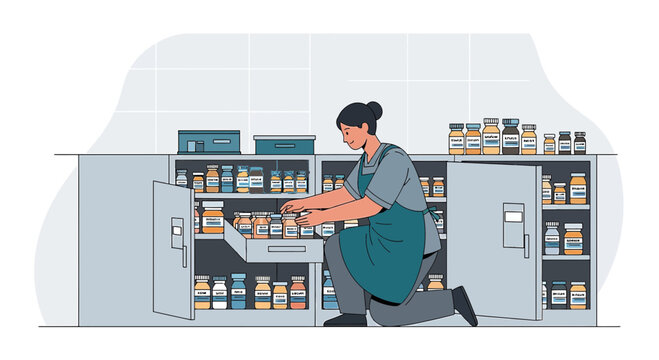 Pharmacist Organizing Medicine Cabinet, Stocking Pharmacy Shelves with Medications