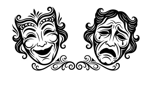 Comedy and tragedy theater masks set, drama and performance art decorative masks.