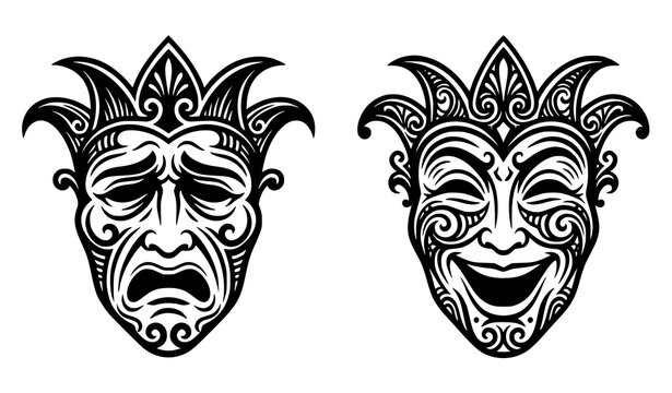 Decorative jester and theatrical masks set, ornate drama face silhouettes with patterns.